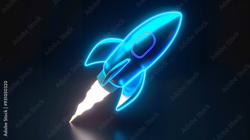 Digital rockets launch into outer space. Boosting and taking off career concepts. Abstract spaceship in blue on a technological background. blue neon rocket illustration with 3D effect. Digital rockets launch into outer space. Boosting and taking off career concepts. Abstract spaceship in blue on a technological background. blue neon rocket illustration with 3D effect.