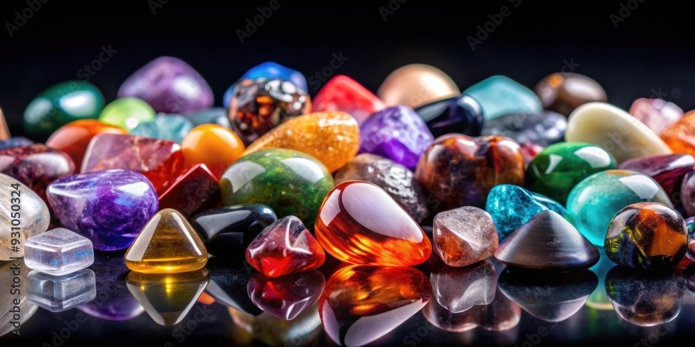 A stunning collection of natural gemstones on a black shining surface , gemstone, black shine, amethyst A stunning collection of natural gemstones on a black shining surface , gemstone, black shine, amethyst