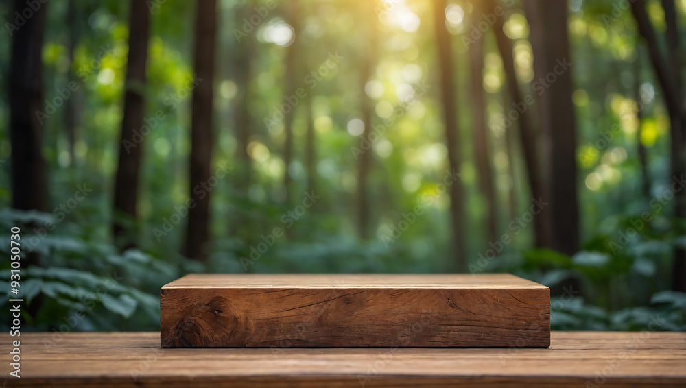 Old wooden table in a sunlit forest clearing with grass and trees around it Old wooden table in a sunlit forest clearing with grass and trees around it
