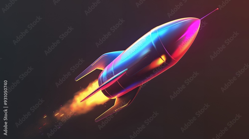 3d illustration rocket space colorful holographic in dark background for Business start up and science concept 3d illustration rocket space colorful holographic in dark background for Business start up and science concept