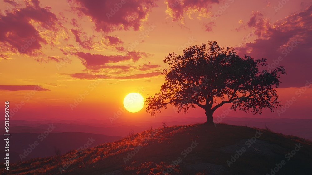 A serene sunset view featuring a solitary tree silhouetted against colorful skies, evoking peace and tranquility in nature. A serene sunset view featuring a solitary tree silhouetted against colorful skies, evoking peace and tranquility in nature.