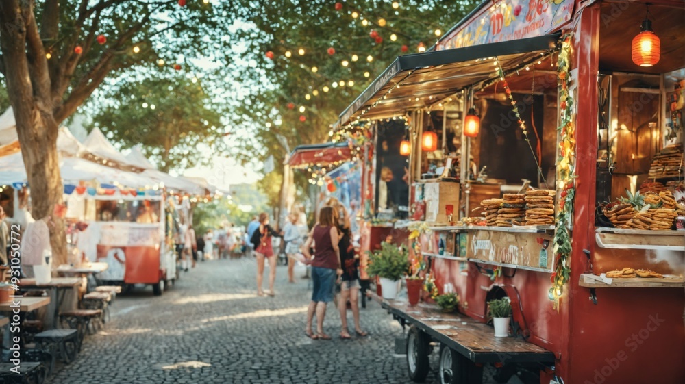 Obraz premium Red food truck parked cobblestone street outdoor market bustling