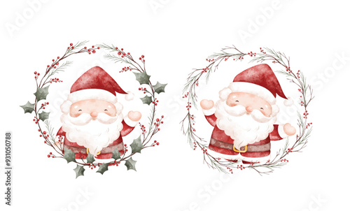 Watercolor Illustration Set of Christmas Wreath and Santa Claus