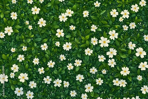 Seamless pattern small white flowers green leaves dark A top dow photo