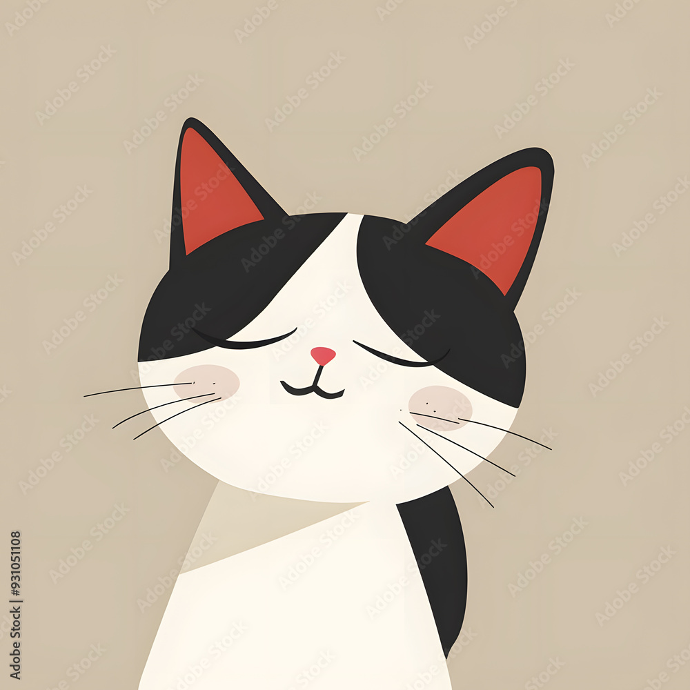 Obraz premium Presented here is a delightful black and white cartoon cat illustration with closed eyes, ideal for childrens content and decoration thanks to its serene and straightforward design