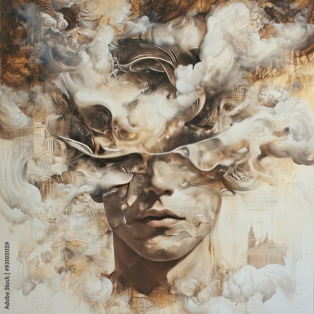 A surreal artwork depicting a face surrounded by abstract clouds, evoking a sense of mystery and imagination. A surreal artwork depicting a face surrounded by abstract clouds, evoking a sense of mystery and imagination.