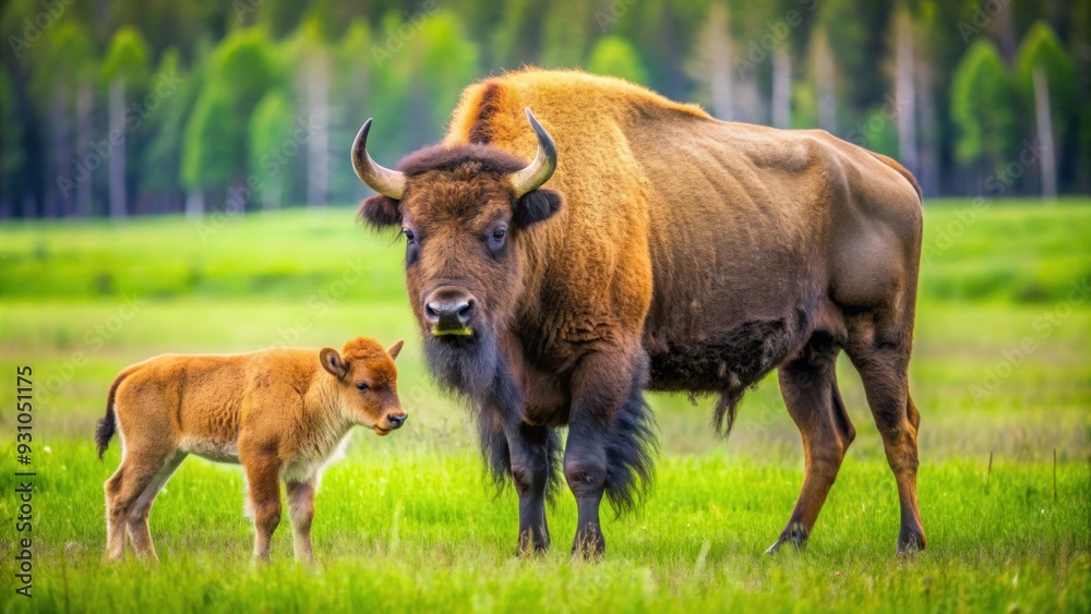 Bison mother with calf standing in a grassy meadow, Bison, calf, mother, wildlife, animal, nature, grass, meadow, mammal Bison mother with calf standing in a grassy meadow, Bison, calf, mother, wildlife, animal, nature, grass, meadow, mammal