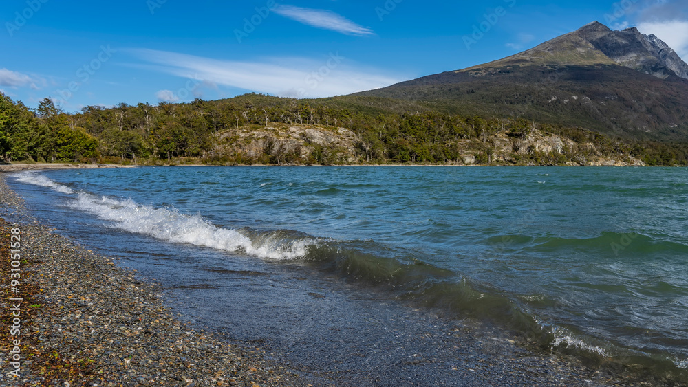 The waves of the beautiful emerald lake roll towards the shore, foaming on the pebbles. The forest grows on the coast. A picturesque mountain against a blue sky, clouds. Lago Roca. Argentina. The waves of the beautiful emerald lake roll towards the shore, foaming on the pebbles. The forest grows on the coast. A picturesque mountain against a blue sky, clouds. Lago Roca. Argentina.