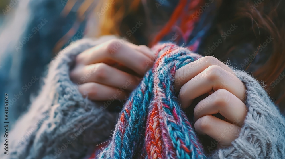 Close-up of hands holding a colorful knitted scarf, showcasing the texture and warmth of handmade winter fashion. Close-up of hands holding a colorful knitted scarf, showcasing the texture and warmth of handmade winter fashion.