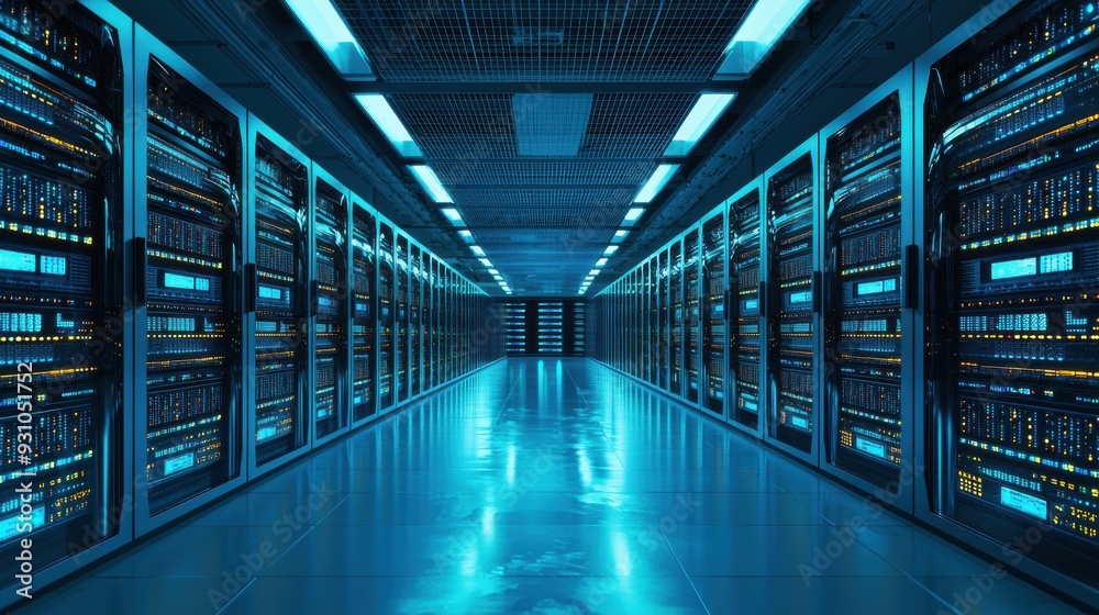 A data center with rows of high-tech servers constantly processing vast amounts of data LED lights indicating activity state-of-the-art cooling systems ensuring optimal performance AI-driven A data center with rows of high-tech servers constantly processing vast amounts of data LED lights indicating activity state-of-the-art cooling systems ensuring optimal performance AI-driven