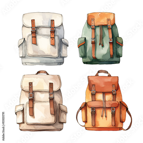 watercolor painting of backpack four collection isolated