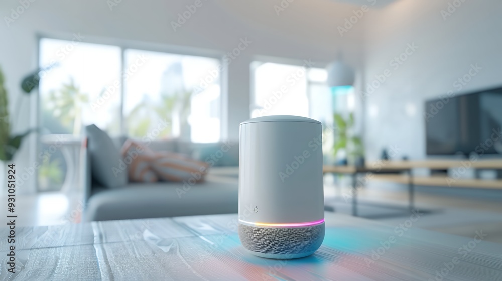 futuristic generic smart home iot assistant device with modern bright room background as wide banner mockup with copyspace area.