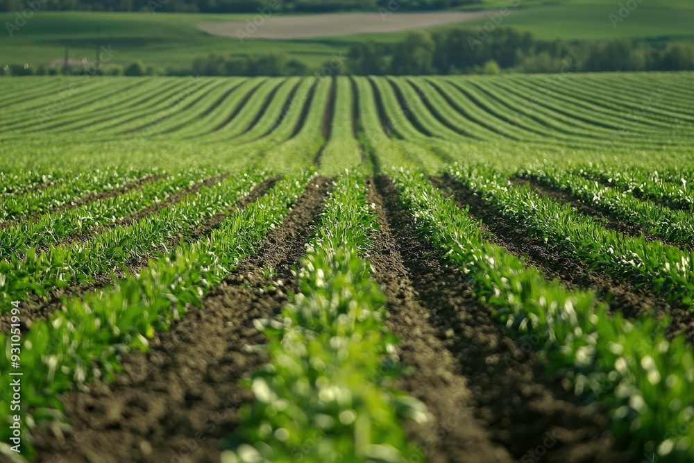 Vibrant green rows of crops stretch across a fertile field under a clear sky, showcasing the beauty of agricultural landscapes. Vibrant green rows of crops stretch across a fertile field under a clear sky, showcasing the beauty of agricultural landscapes.