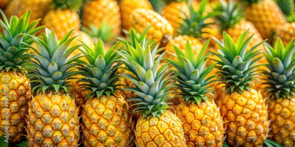 Fresh pile of tropical pineapples with vibrant yellow color and green leaves , tropical, pineapples, vibrant, yellow, color