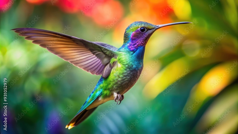 Fototapeta premium Vibrant hummingbird with iridescent feathers flying in a lush tropical garden, tropical, colorful, bird, nature, flight