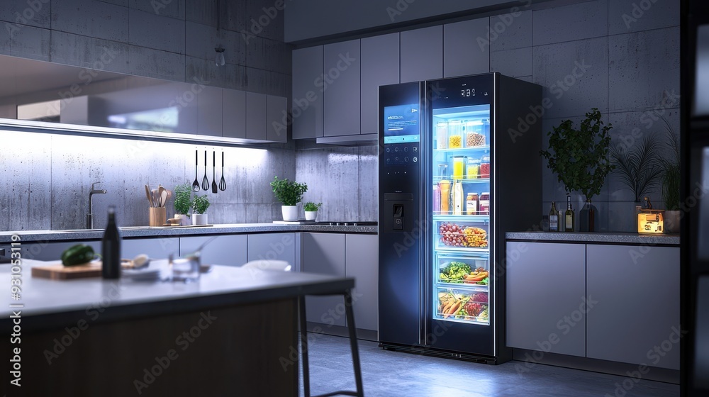 A smart home kitchen equipped with the latest AI-powered appliances voice-activated assistant helping with meal planning and cooking smart refrigerator displaying nutritional information and recipe A smart home kitchen equipped with the latest AI-powered appliances voice-activated assistant helping with meal planning and cooking smart refrigerator displaying nutritional information and recipe