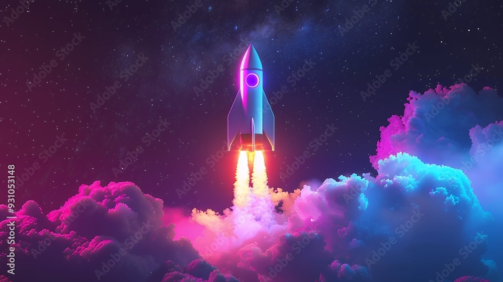 Naklejka premium 3d illustration rocket space colorful holographic in dark background for Business start up and science concept