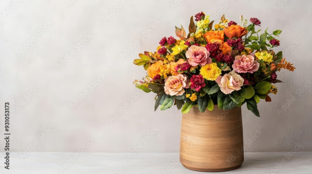 A mix of autumn flowers in a wooden vase, with warm, earthy tones, autumn flowers, wooden vase, seasonal A mix of autumn flowers in a wooden vase, with warm, earthy tones, autumn flowers, wooden vase, seasonal