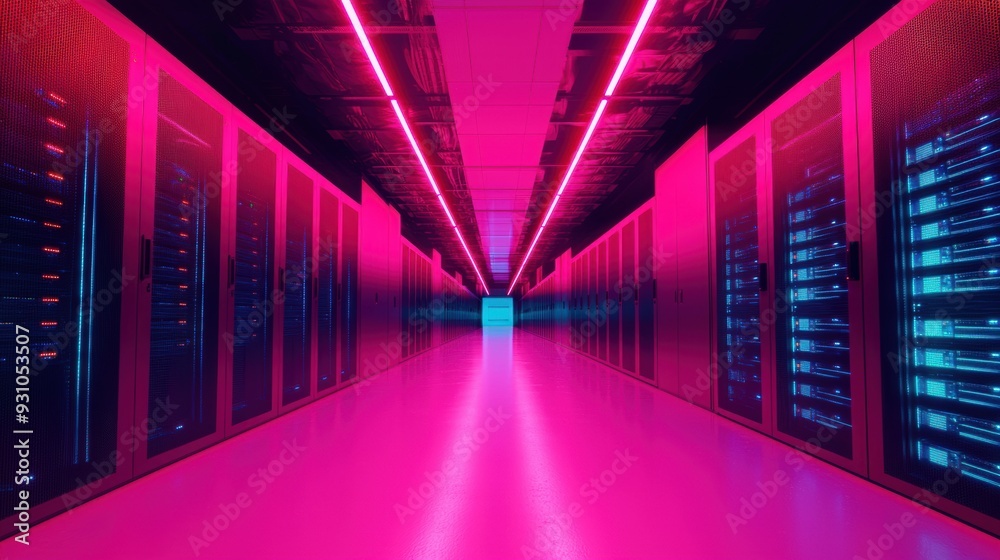 A data center interior with rows of servers blinking lights indicating constant processing state-of-the-art cooling systems ensuring optimal performance AI-driven algorithms managing data flow and A data center interior with rows of servers blinking lights indicating constant processing state-of-the-art cooling systems ensuring optimal performance AI-driven algorithms managing data flow and