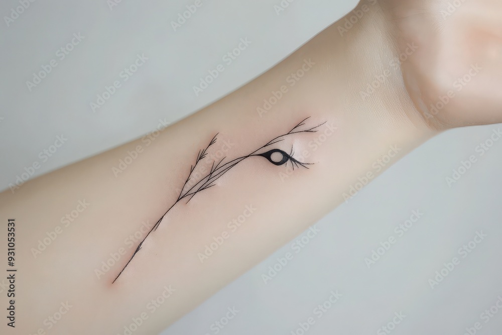 Obraz premium A minimalist tattoo design featuring a delicate branch and an eye on the forearm, showcasing modern body art aesthetics.
