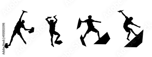 wall climbing, rock climbing, silhouette set. sport, extreme, bouldering. different actions, poses. vector illustration.