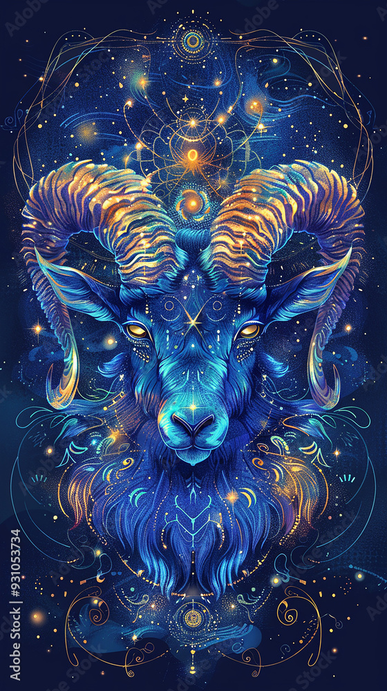 A mystical zodiac sign of Aries, with horns and fiery eyes. The dark blue background with stars creates an atmosphere of mystery and magic. A mystical zodiac sign of Aries, with horns and fiery eyes. The dark blue background with stars creates an atmosphere of mystery and magic.