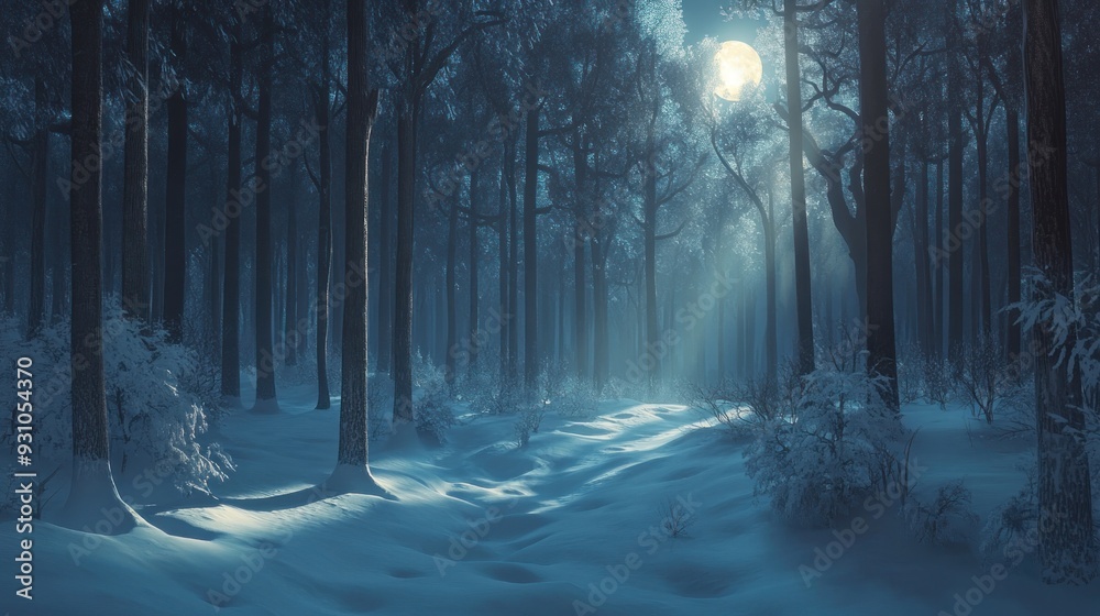 Naklejka premium Enchanted Winter Forest Under the Moonlight