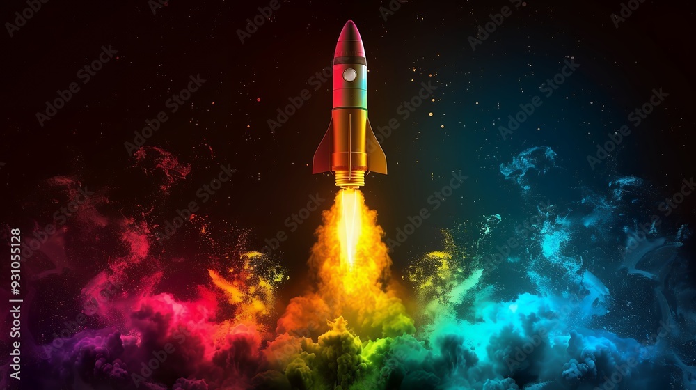 Fototapeta premium 3d illustration rocket space colorful holographic in dark background for Business start up and science concept