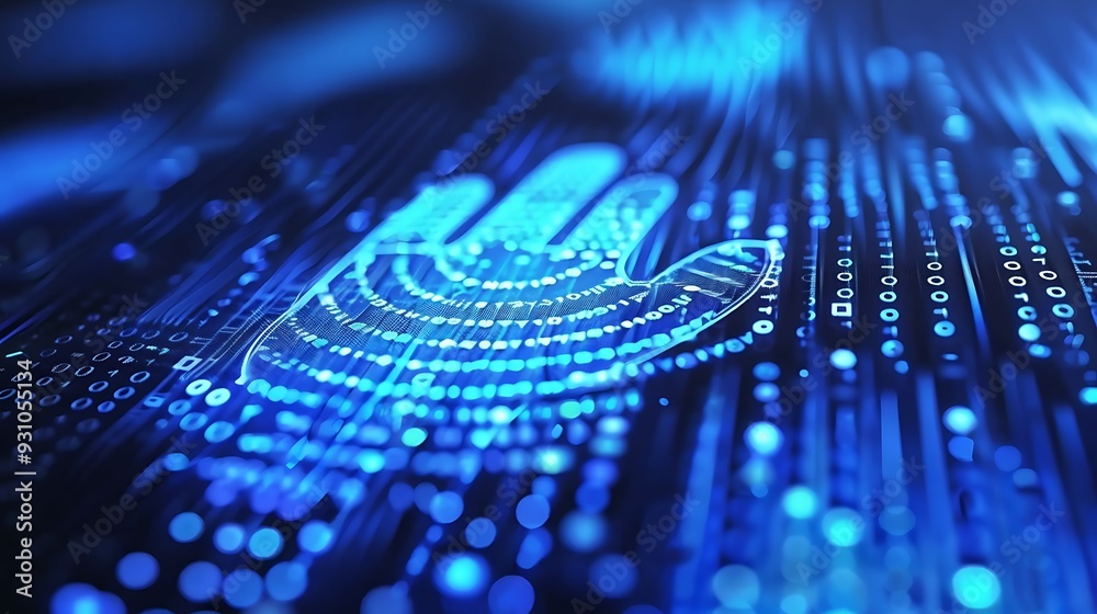 Close-up of a digital fingerprint on a blue circuit board. The fingerprint is surrounded by glowing lines of code and represents the concept of digital security and technology. Close-up of a digital fingerprint on a blue circuit board. The fingerprint is surrounded by glowing lines of code and represents the concept of digital security and technology.