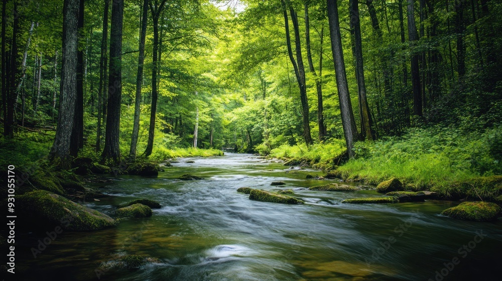 Fototapeta premium Serene River Flowing Through a Lush Forest