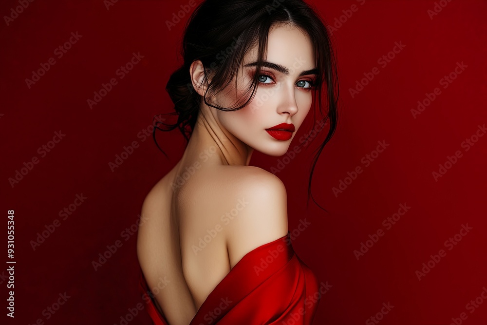 Portrait of a beautiful woman with a white face, dressed in red with red lipstick, standing with her back turned slightly, looking over her shoulder with a seductive gaze, her dress hugging her Portrait of a beautiful woman with a white face, dressed in red with red lipstick, standing with her back turned slightly, looking over her shoulder with a seductive gaze, her dress hugging her