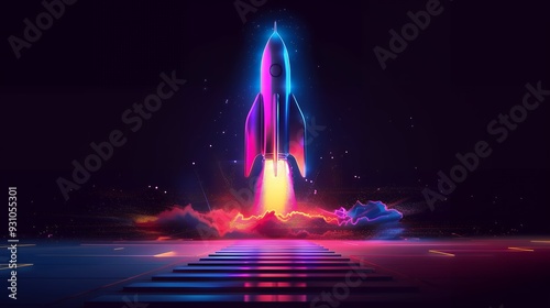 3d illustration rocket space colorful holographic in dark background for Business start up and science concept