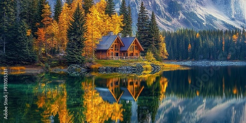 Fototapeta Naklejka Na Ścianę i Meble -  Reflection of the house in the lake hidden in the trees by the Lake Ohara in Canada