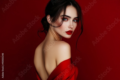Portrait of a beautiful woman with a white face, dressed in red with red lipstick, standing with her back turned slightly, looking over her shoulder with a seductive gaze, her dress hugging her
