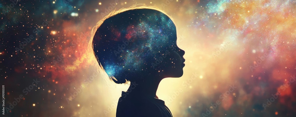 A child's silhouette filled with a cosmic galaxy, symbolizing imagination and exploration of the universe. A child's silhouette filled with a cosmic galaxy, symbolizing imagination and exploration of the universe.