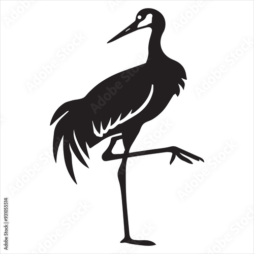Sandhill crane Silhouette, Grus canadensis Bird Clipart, Sandhill Crane one leg tucked illustration in black and white