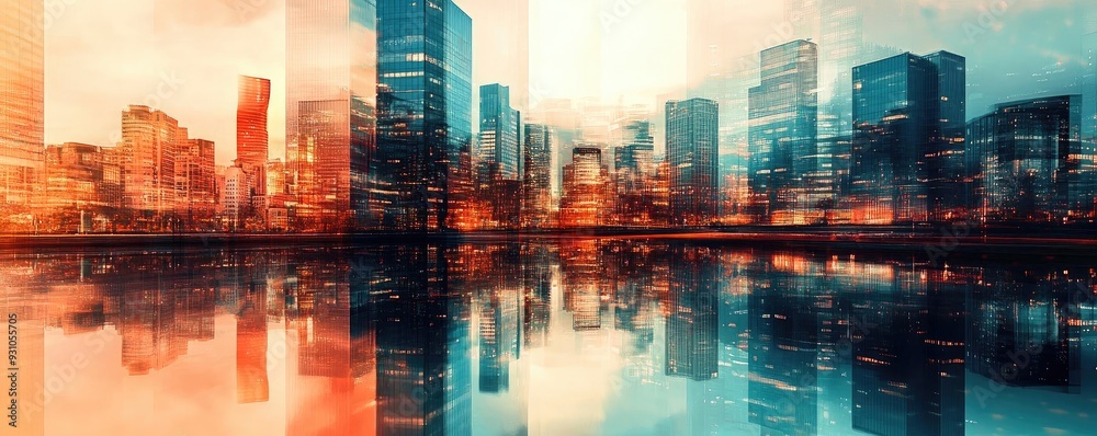 Obraz premium Stunning city skyline reflecting in water, showcasing modern architecture with vibrant colors and an artistic ambiance.