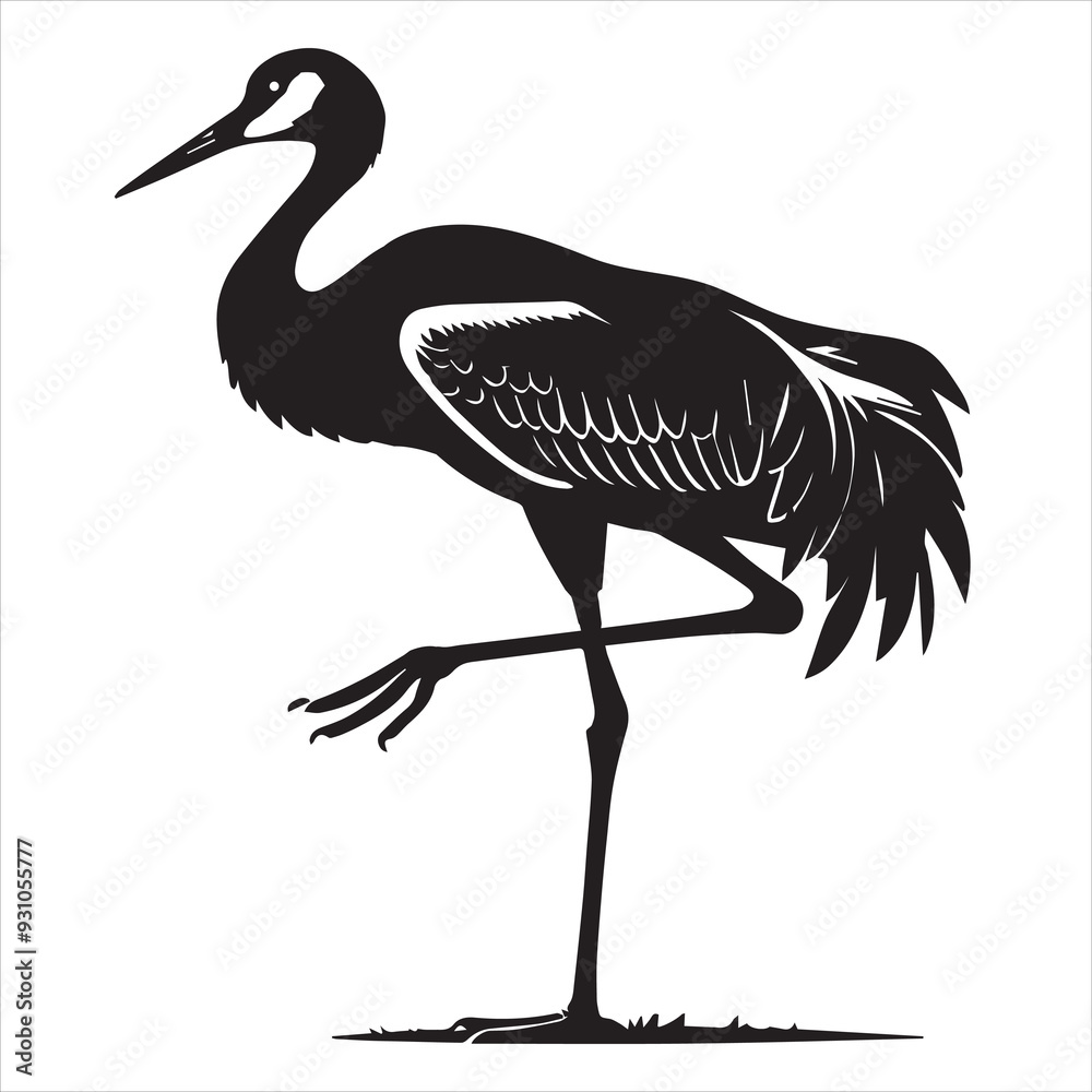 Obraz premium Sandhill crane Silhouette, Grus canadensis Bird Clipart, Sandhill Crane perched one leg raised illustration in black and white