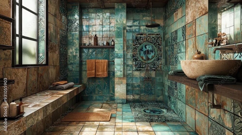 Stylish bathroom interior featuring intricate tiles, natural light, and modern amenities for a serene and relaxing atmosphere. Stylish bathroom interior featuring intricate tiles, natural light, and modern amenities for a serene and relaxing atmosphere.