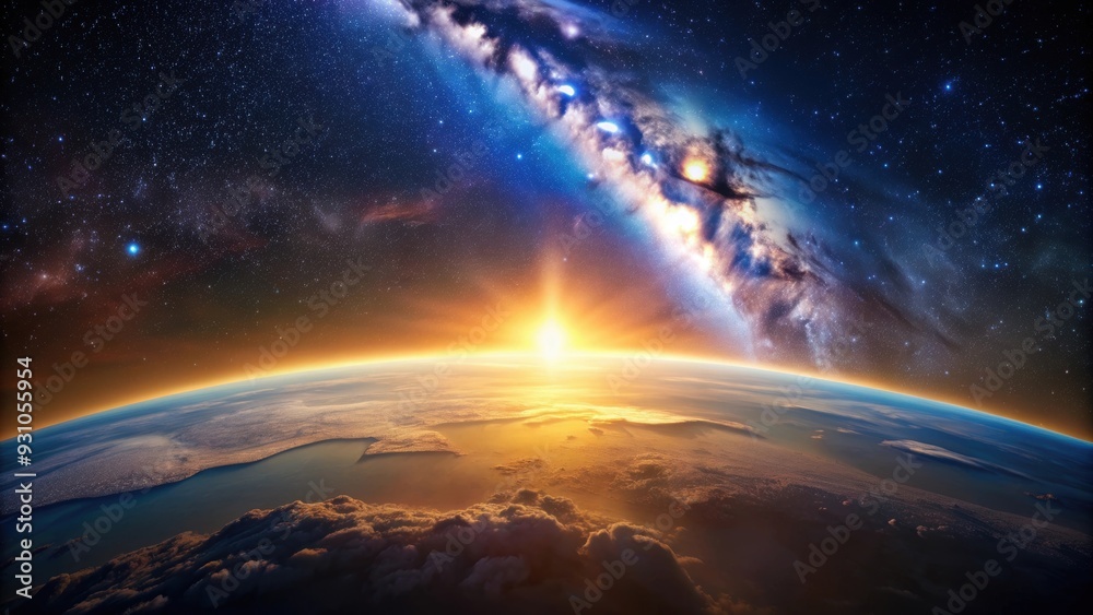 Sunrise over Earth with Milky Way galaxy in the background, landscape, sunrise, Earth, Milky Way galaxy, cosmos, celestial, astronomy Sunrise over Earth with Milky Way galaxy in the background, landscape, sunrise, Earth, Milky Way galaxy, cosmos, celestial, astronomy