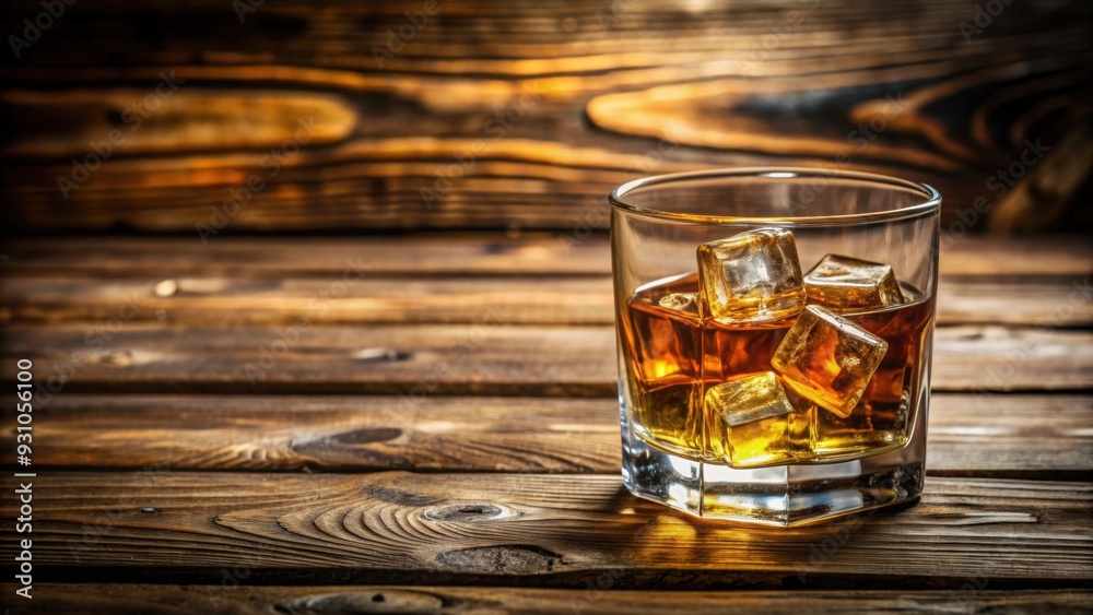 Glass of whiskey with ice cubes on rustic wooden table, whiskey, drink, alcohol, ice, cubes, glass, wooden, table