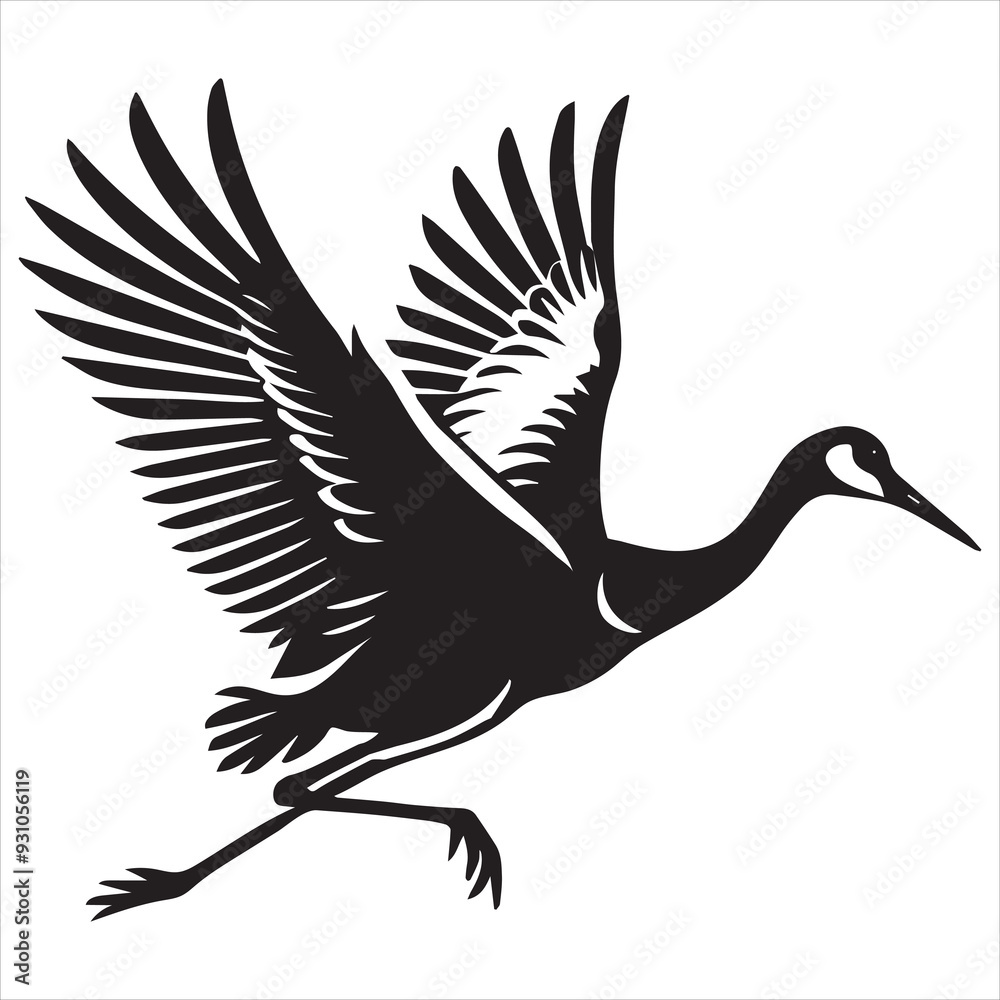 Fototapeta premium Sandhill crane Silhouette, Grus canadensis Bird Clipart, Sandhill Crane wings partially open illustration in black and white