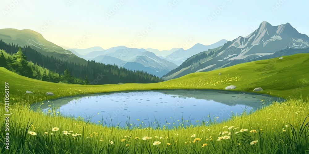 Fototapeta premium A small lake high in the mountains surrounded by green meadows. Natural background. Illustration for cover, card, postcard, interior design, banner, poster, brochure or presentation