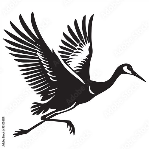 Sandhill crane Silhouette, Grus canadensis Bird Clipart, Sandhill Crane wings partially open illustration in black and white