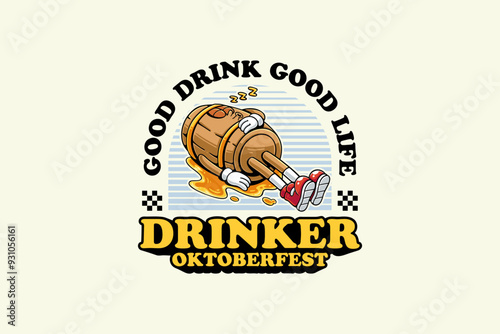 beer keg retro cartoon funny character vector illustration with sleeping pose for brewery, food and beverage mascots and sticker and apparel design elements