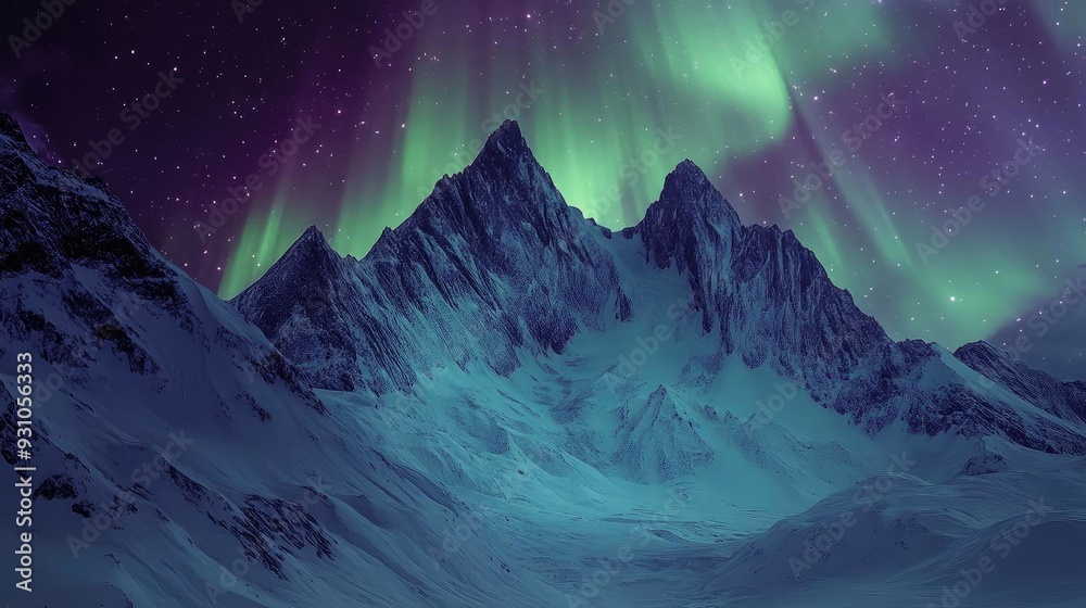 Majestic snowy mountains illuminated by the enchanting northern lights under a starry sky, creating a breathtaking winter landscape. Majestic snowy mountains illuminated by the enchanting northern lights under a starry sky, creating a breathtaking winter landscape.
