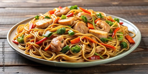 A delicious plate of chicken lo mein, a popular Chinese dish made with stir-fried noodles and fresh vegetables, chicken