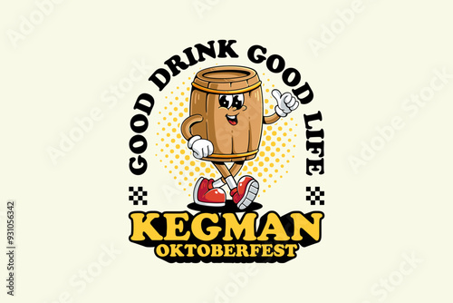 beer keg retro cartoon funny character vector illustration with walking pose and showing thumbs up hand for brewery, food and beverage mascots and sticker and apparel design elements