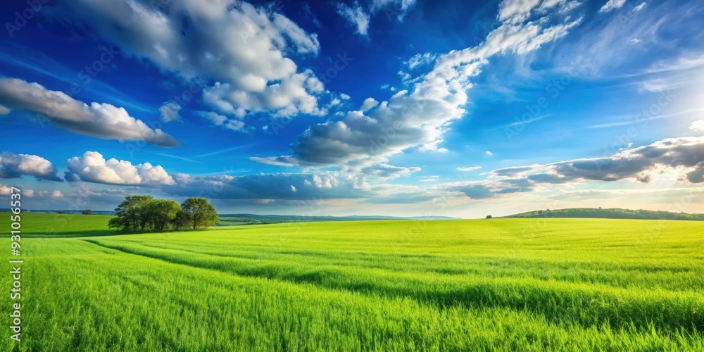 Fototapeta premium Vibrant green field under a clear blue sky, nature, landscape, scenic, outdoors, summer, countryside, tranquil, serene