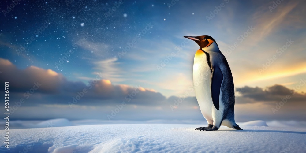 Fototapeta premium Penguin standing in a snowy landscape, penguin, snow, winter, cold, wildlife, nature, Antarctica, cute, fluffy, bird, icy